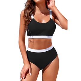 Womens High Waisted Bikini Sets Sporty Crop Top Color Block Swimwear Bandeau Scoop Neck Vintage Two Piece Bathing Suits Black M