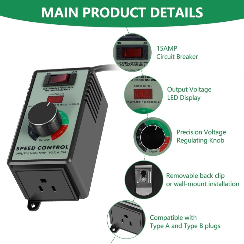 AC Motor Speed Controller, 110-120V 15A 4000W Variable Speed Controller
