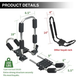 Leader Accessories Folding Kayak Roof Rack - 4 PCS/Set Heavy Duty Stainless Steel J Bars for Canoe, Surf Board, SUP - Mounts on Roof Crossbar with 4 Tie Down Straps, Fits Cars, SUVs, Trucks