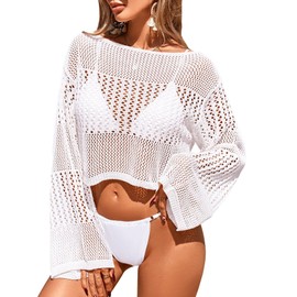 BreathSunny Womens Crochet Knit Swimsuit Coverup Cropped Spring Top Summer 2025 Off The Shoulder Long Bell Sleeve Hollow Out Mesh Swimwear Coverups Beach Swim Bathing Suit Cover Up Tops White S