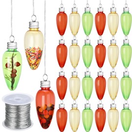 Patelai 30 Pieces Christmas Fillable Ornaments Crafts Red Yellow Green Glass Plastic Light Bulbs Hanging Ball Ornaments with Screw Off Caps and Silver Rope for Christmas Tree Decoration DIY Crafts