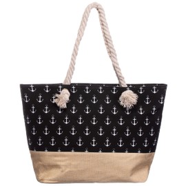 Brandsseller Beach bag, swimming bag, maritime with zip, canvas, approx. 50 x 36 x 15 cm, shoulder bag, shopping bag, bath bag, Anchor/Black