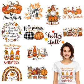 12 Sheets Thanksgiving Iron on Transfers for T-Shirts, Fall DTF Transfers Ready to Press Heat Transfer Vinyl, Pumpkin Iron on Decals Patches, DIY Fall Heat Transfer Stickers for Clothes Bag Pillow
