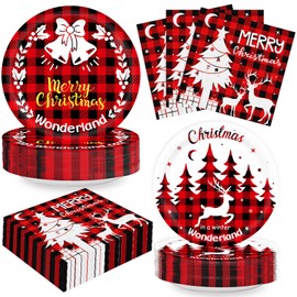 150pcs Christmas Plates and Napkins Christmas Elk Party Supplies Red Black Buffalo Plaid Merry Christmas Dinner Party Supplies for Xmas Holiday Party Serve 50 Guests