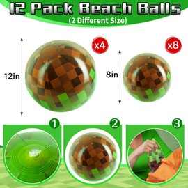 12 Pack 8 & 12" Inflatable Pixel Beach Balls, Summer Pool Party for Kids