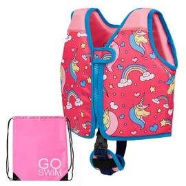 Go Swim Life Jacket - *Includes Free Swim Bag* Kids Swim Jacket with Fixed Buoyancy and Safety Belt (Magical Unicorns, L (19-30kgs))