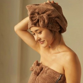 Ribbon hair towel hair shower towel dry cap towel salon - beige / 리본 헤어 타올 머리 샤워 수건 드라이캡 타월 살롱 - 베이지