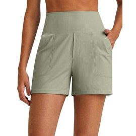 G4Free Womens Shorts Dressy Casual Yoga Athletic Shorts with Pockets Woman Comfy Summer Work Trendy Wide Leg Short Trousers(Gray Olive, L)