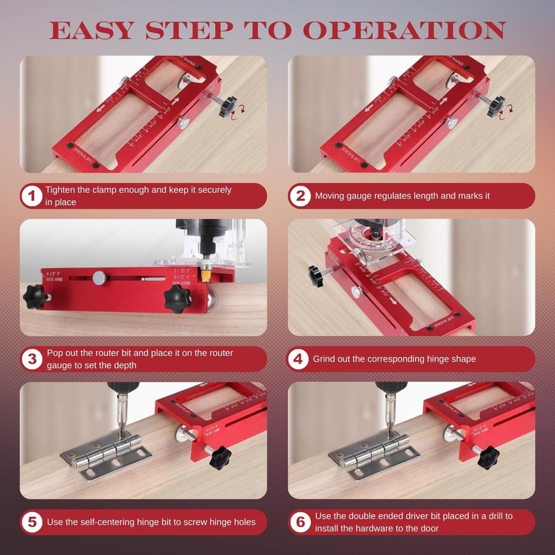 Professional Door Hinge Mortising Jig, Red Aluminum Alloy Template Kit