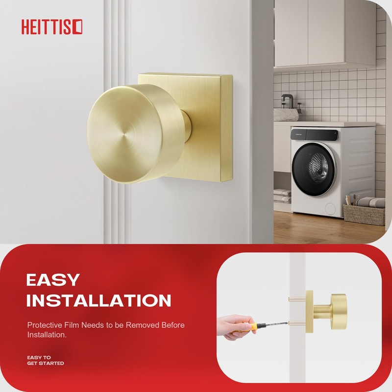 Heittis 2 Pack Dummy Door Knobs, Satin Brass Non Turning