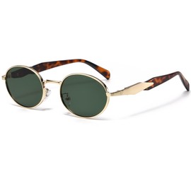 Long Keeper Vintage Oval Sunglasses Metal Small Retro Sunglasses Round 90s Fashionable Oval Glasses UV400 Protection Classic Sunglasses for Men and Women, Gold Leopard Frame - Dark Green Lenses