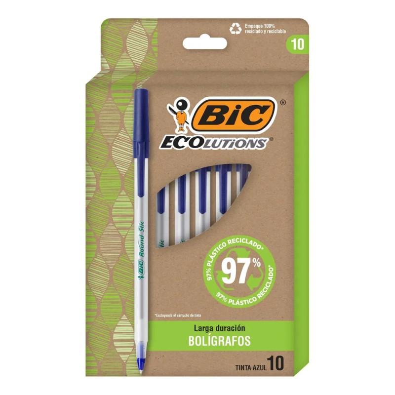 Lapicero Ecolutions Bic Punto Mediano 1.0 Mm 10 Pzas Azul