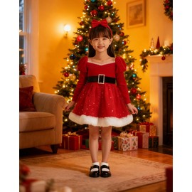 COSIWO Christmas Children's Long Sleeve Star Mesh Princess Dress Set, Merry Christmas Costume, Dress + Ribbon, Red, 2-Piece Set, 90