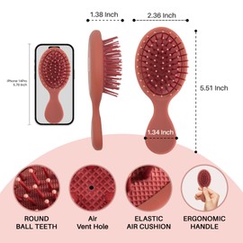 RHOS Mini Hair Brush for Women,Men and Kids-Travel Size Hair Brush for Purse,Pocket,backpack-Small Cushion Paddle Brush with Soft Bristles-Mini Detangler Brush for All Hair Types(1 Pack-Red)