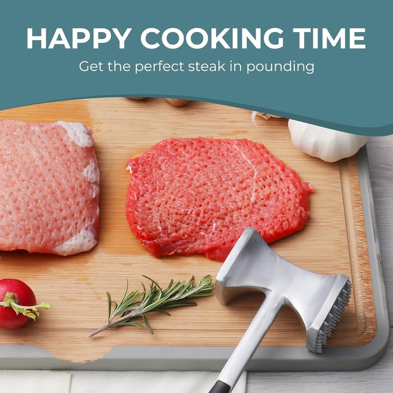 Meat Tenderizer Stainless Steel - Oversized Kitchen Mallet, Soft Grip