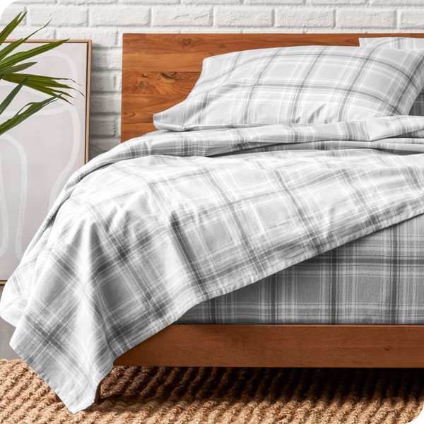 Bare Home Flannel Sheet Set Prints, 100% Cotton, Velvety Soft Heavyweight - Double Brushed Flannel for Extra Softness & Comfort - Deep Pocket - Bed Sheets (Split King, Tartan Plaid)