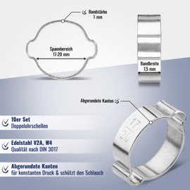 Poppstar Pack of 10 2-ear hose clamps, clamping range diameter 17-20 mm, 2-ear clamp/two-ear clamp made of stainless steel