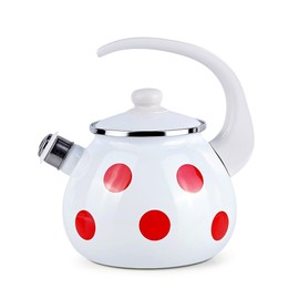 Enamel Kettle with Whistle 2.7 Qt (2.5 L) Stovetop Kettle with Ergonomic Handle, Enameled Steel Tea Pot for Stove Top, Vintage Kitchen Tea Kettle, Dishwasher and Induction Safe (Red Polka)