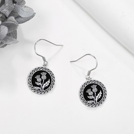 Scottish Thistle Earrings Sterling Silver Thistle Celtic Knot Dangle Earrings with Black Onyx Scottish Flower Christmas Jewelry Gifts for Women