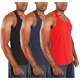 DEVOPS 3 Pack Men's Y-Back Dry Fit Muscle Gym Workout Tank Top (2X-Large, Black/Charcoal/Red)