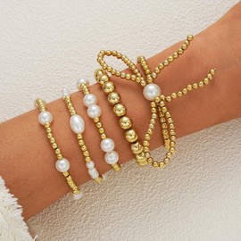 Bow Gold Beaded Bracelets Layered Pearl Stretch Bracelets Set for Women Heart Simulated Pearl Stackable Elastic Bracelets Chunky Bowknot Adjustable Multilayer Bangles Wedding Jewelry﻿-Style 1