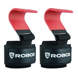 ROBOX Weight Lifting Hooks - Non-Slip Rubber Coated Rod Grip Hooks with Thick Padded Wrist Wraps for Powerlifting, Weightlifting, Deadlifts, Pull ups, Gym for Men and Women (Pair) (Red)