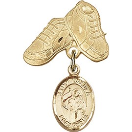 Gold Filled Baby Badge with St. Ursula Charm and Baby Boots Pin 1 X 5/8 inches
