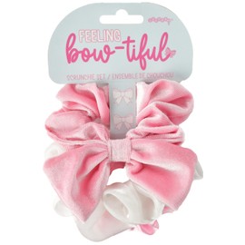 iscream Silky Soft Set of 3 Scrunchies in Pink & White Satin & Pink Fleece with Bow Accent