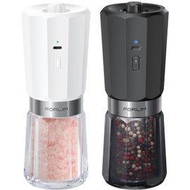 FORLIM 2-Speed Gravity Electric Salt and Pepper Grinder Set, 800mAh Rechargeable, Upgraded Auto-Reverse Clean After Stop, Pepper Shakes with White LED, Ceramic Grinding Core, Black & White