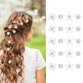 Pack of 20 White Small Flower Hair Clips Hair Accessories Cute Mini Hair Clip with Rhinestones and Pearls for Women Bridal Hair Clips for Girls Wedding Hair Accessories (4 Patterns) (Beige)