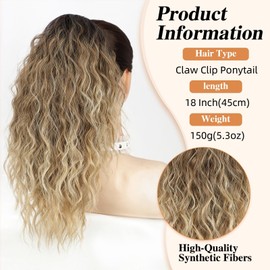 BOGSEA Ponytail Extension, Claw Clip Ponytail Extension for Women 18'' Long wavy Pony Tails Hair Extension Natural Looking Synthetic Clip in Hairpiece for Daily Use (Ombre blonde)