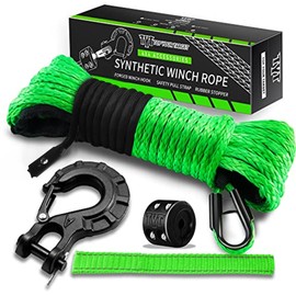 TYT Synthetic Winch Rope Kit - 1/4'' x 50' with 9650 lbs Strength, Protective Sleeve, Heavy Duty Hook, Rubber Stopper, & Safety Pull Strap for Off-Road 4x4 Vehicles (Green)
