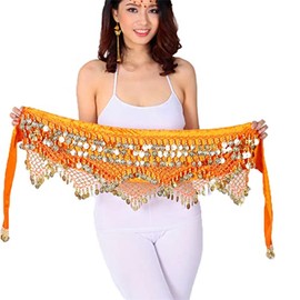 Costume Bay Womens Velvet Belly Dance Hip Scarf/Belly Dancing Skirt with 268 Coins/Belly Dance Tribal Sash Belt Scarf Skirt Wrap (Orange, ONE)