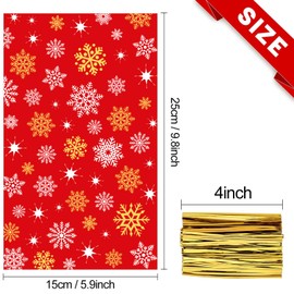 Whaline 100Pcs Christmas Cellophane Bag with 100 Gold Twist Ties White Gold Snowflake Candy Cookie Treat Bag Red Xmas Winter Cello Goody Bag for Party Supplies