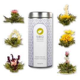 tea exclusive Tea Flower Mix "Flower Fantasy", 6 Varieties of Tea Flowers in Beautiful Metal Tin & Photo Booklet with Quotes, Green White Tea with Jasmine, Rose, Peony, Marigold, Hibiscus - Tea Gift