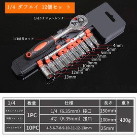 12点セット 六角ソケットソケットレンチセット差込角6.35mm(1/4") 車両整備 修理 自動車バイク ホルダー付き（S)