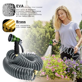 YESTAR Coil Hose 25/50/75FT EVA Coil Garden Hose With 3/4'' Brass Connector Coiled Water Hose Lightweight And No Kink Includes 7 Patterns Spray Nozzle For Outdoors Lawn Watering Car Washing