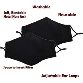 Plain Blk Face Masks - Pack of Two - Breathable Cotton - Fitted Filter Option - Adjustable Ear Loops - Durable - Reusable - Metal Nose Piece to Hug Face for Comfort - Washable