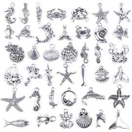 BronaGrand 40 Pieces Mixed Antique Silver DIY Ocean Fish & Sea Creatures Charms Pendants for Making Bracelet and Necklace