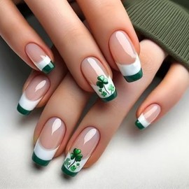 St. Patrick's Day Press on Nails Coffin Fake Nails Medium Length Nails Press ons Green Lucky Clover Stick on Nails Green White French Tip Glue on Nails Full Cover Acrylic Nails for Women Girls 24 Pcs