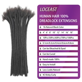 Loceast 4 Inch 0.2cm Width Loc Extension Human Hair Natural Black 10 Strands Full Hand-made Permanent Locs Extensions Can Be Dyed and Bleached for Men/Women/Kids Real Dreadlock Extensions Human Hair