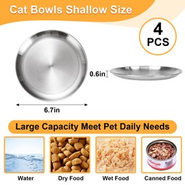 letesult 4pcs Stainless Steel Cat Bowls Whisker Friendly & 24pcs Anti Slip Self Adhesive Pad, 6.7Inch Shallow and Wide Cat Dishes for Indoor Cats Feeding Wet & Dry Food Dish to Prevent Whisker Fatigue