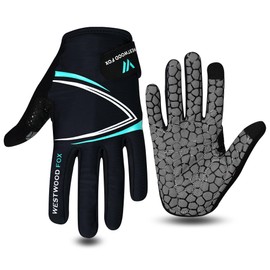 WESTWOOD FOX Full Finger Cycling Gloves, Padded, Anti-Slip Touchscreen, Shock Absorbing Mountain Bike Gloves for Road Bicycle, MTB, Road Racing, Biking and Sports Gloves for Men Women (AQUA, XL)