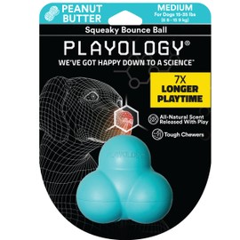 Playology Squeaky Bounce Ball for Medium Dog Breeds (15-35 lbs) - Engaging All-Natural Peanut Butter Scented Rubber Dog Chew Toy for Heavy Chewers - Easy to Clean - Interactive & Non-Toxic Materials