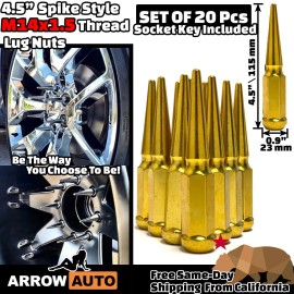 ARROW 20x 4.5" Tall Gold M14x1.5 Spike Lug Nuts & Key FIT Jaguar I&F&E-Pace