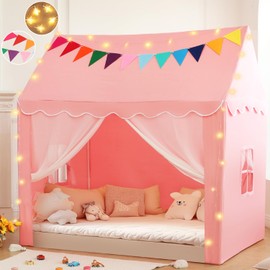 BabyAlly Kids Tent Play House with Star Lights, Flags,Large 59''x39''x59'' Kids Play Tent,Princess Castle Playhouse Kids Tent Indoor&Outdoor, Toddler Tent for Girl，Play Cottage(Pink)