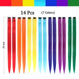 ZIRANJUAN 14 PCS Rainbow Colored Hair Extensions 20 inch Colored Clip in Hairpieces Colorful Hair Party Highlights Long Straight Synthetic Hairpieces for Women Girls Kids Christmas Birthday