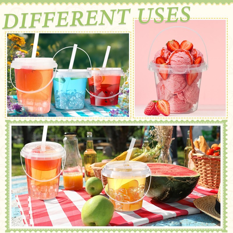Funnymoom 50 Sets Clear Plastic Drink Buckets with Handles, Lids