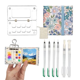 Mini Portable Watercolor Palette Set, Acrylic 8 Grid Paint Box Watercolor Paper Pad,Pocket Artist Watercolor Travel Set,Travel Paint Palette,Watercolor Sketch Book with Binder Clips