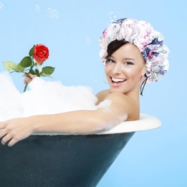 Waterproof Shower Caps Adjustable Elastic Band Double Layers Bathing Cap Eva Lining Reusable Shower Hats for Women Girls Ladies Spa Shower Makeup Salon Home Use